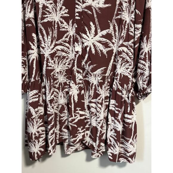 Express NWT Brown & white palm mini shirt dress Oversized flowy L/S tiered hem - Picture 9 of 12